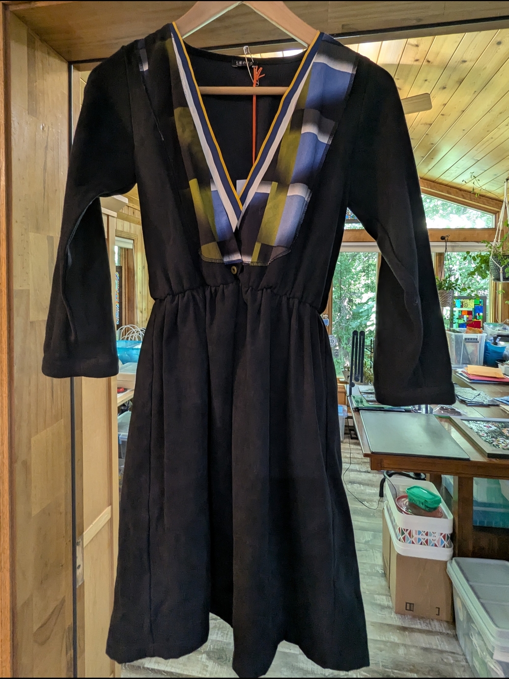 New Designer Handmade Parisian Leoca Black Dress with Colorful V-Neck Detail